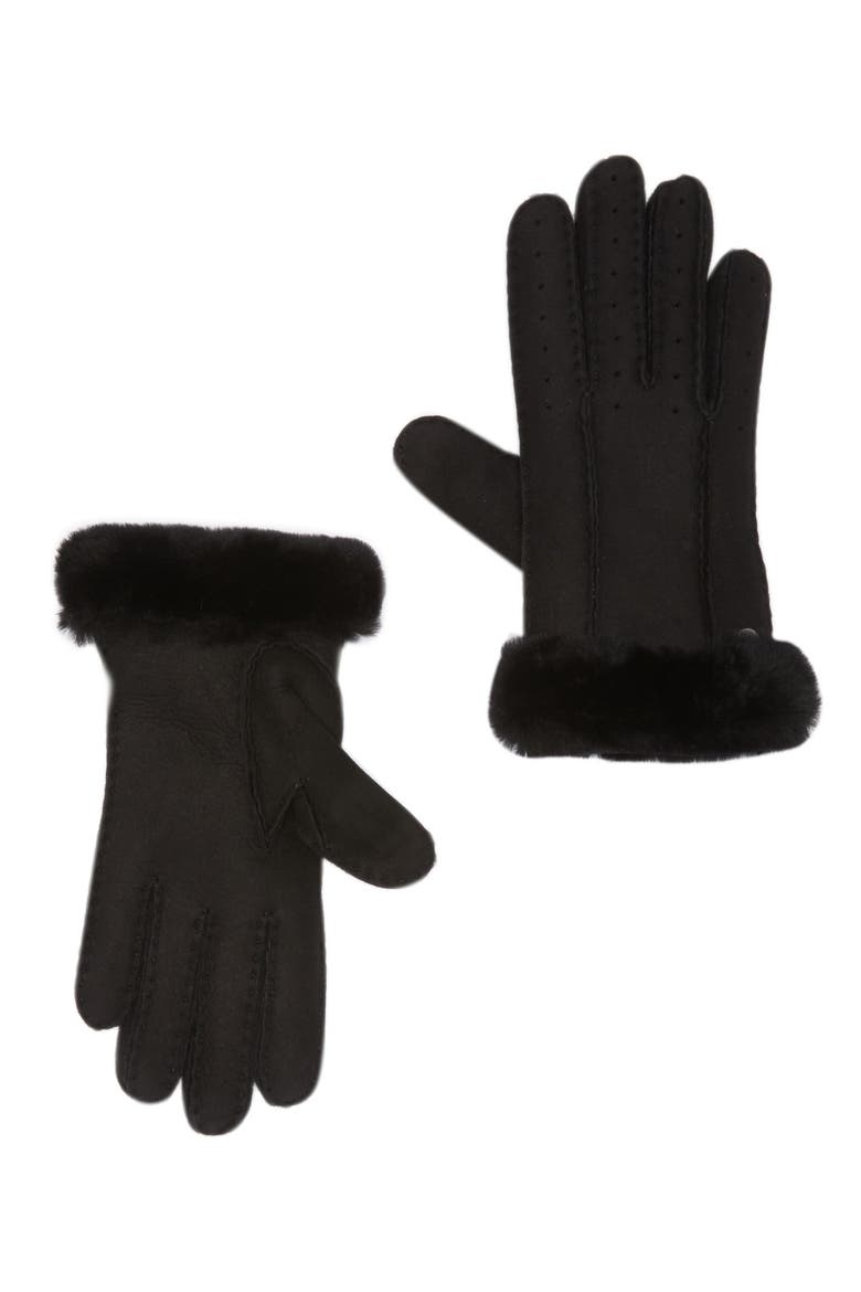 Classic Perforated Genuine Dyed Shearling Gloves, Main, color, BLACK