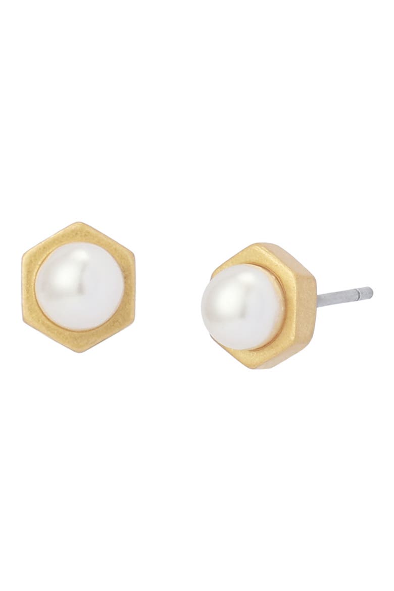 Faux Pearl Stud Earrings, Main, color, PEARL/ VINTAGE GOLD