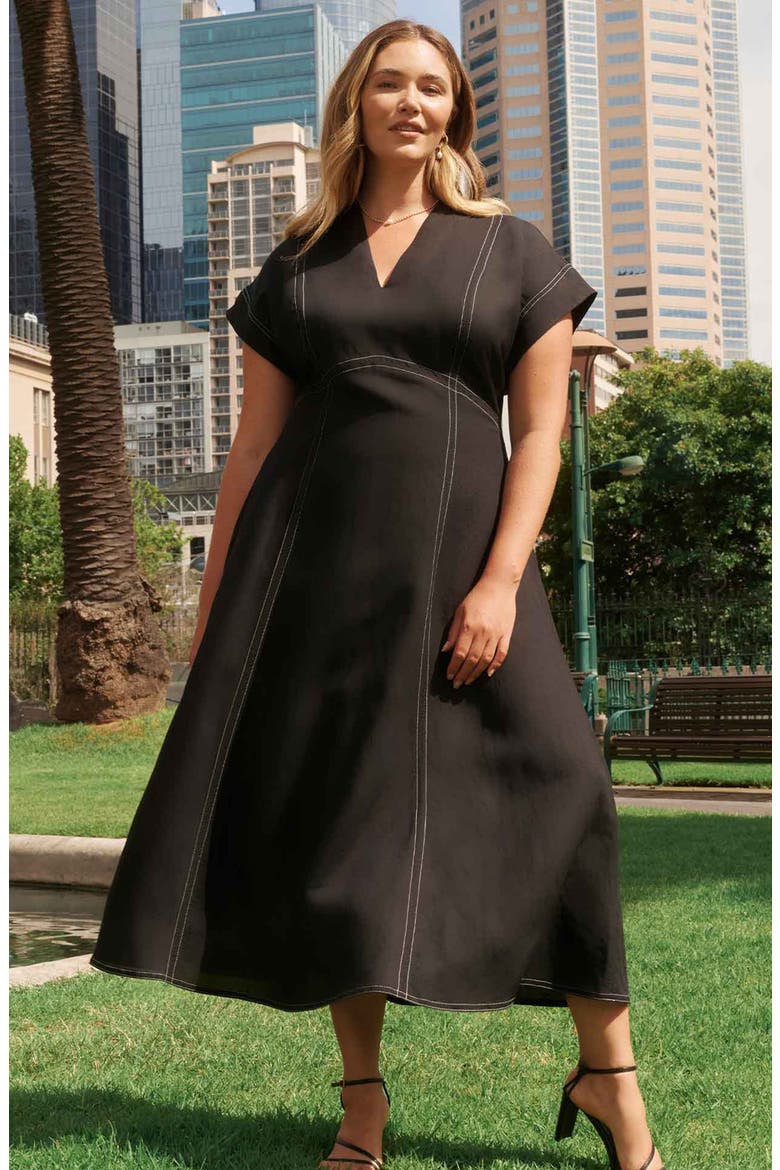 Arden Linen Blend Empire Waist Dress, Alternate, color, BLACK