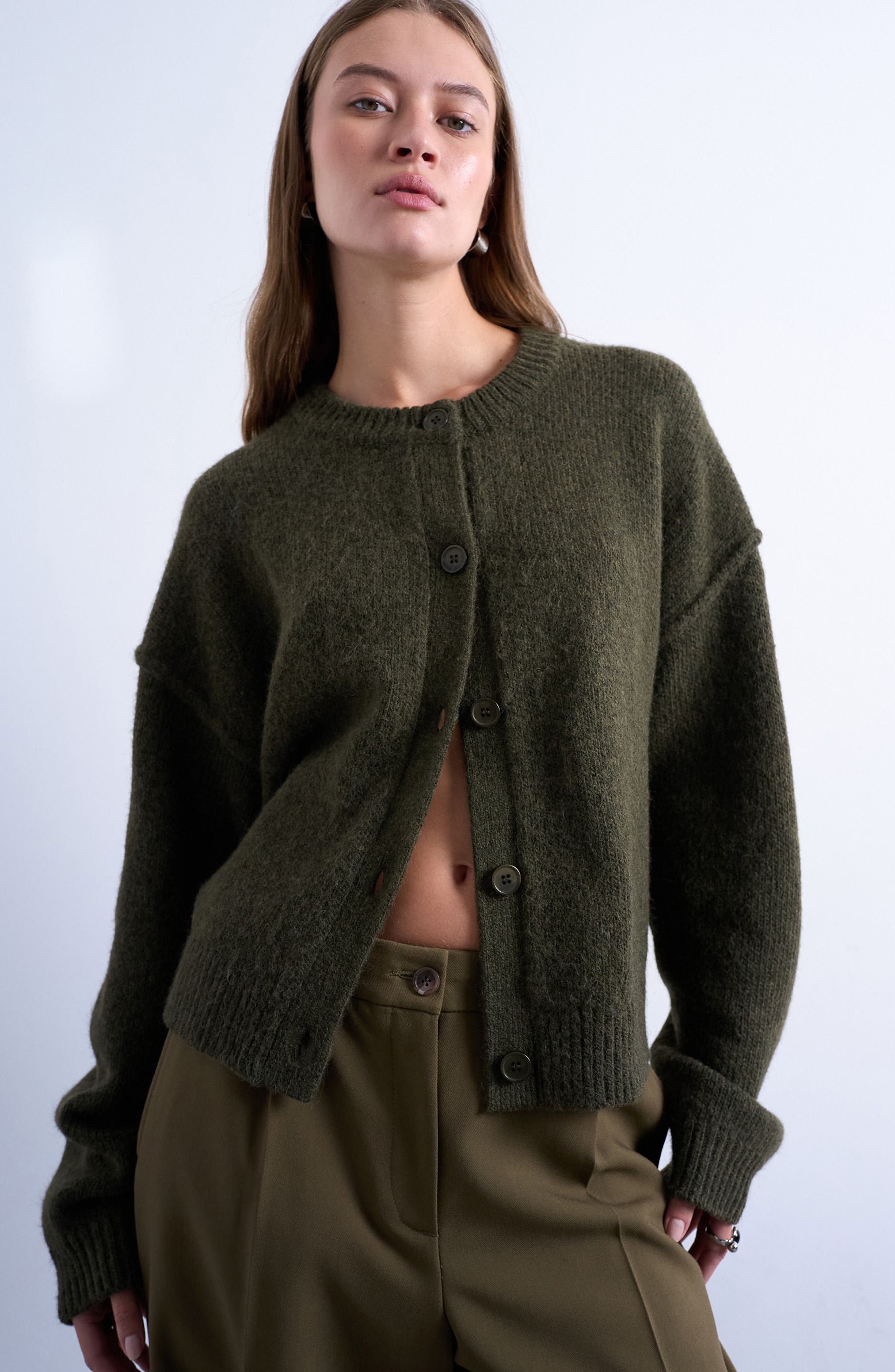 Exposed Seam Button Front Cardigan