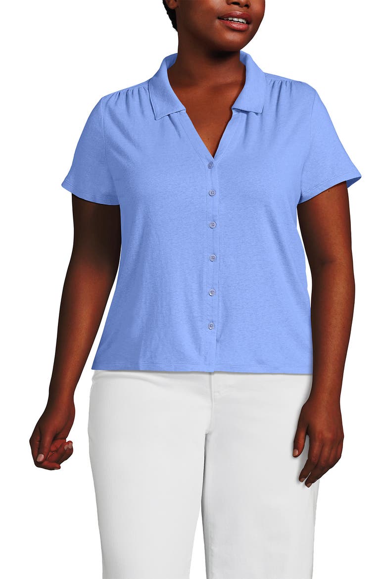 Plus Size Linen Blend Short Sleeve Button Front Polo Top, Alternate, color, Clear Blue Sky