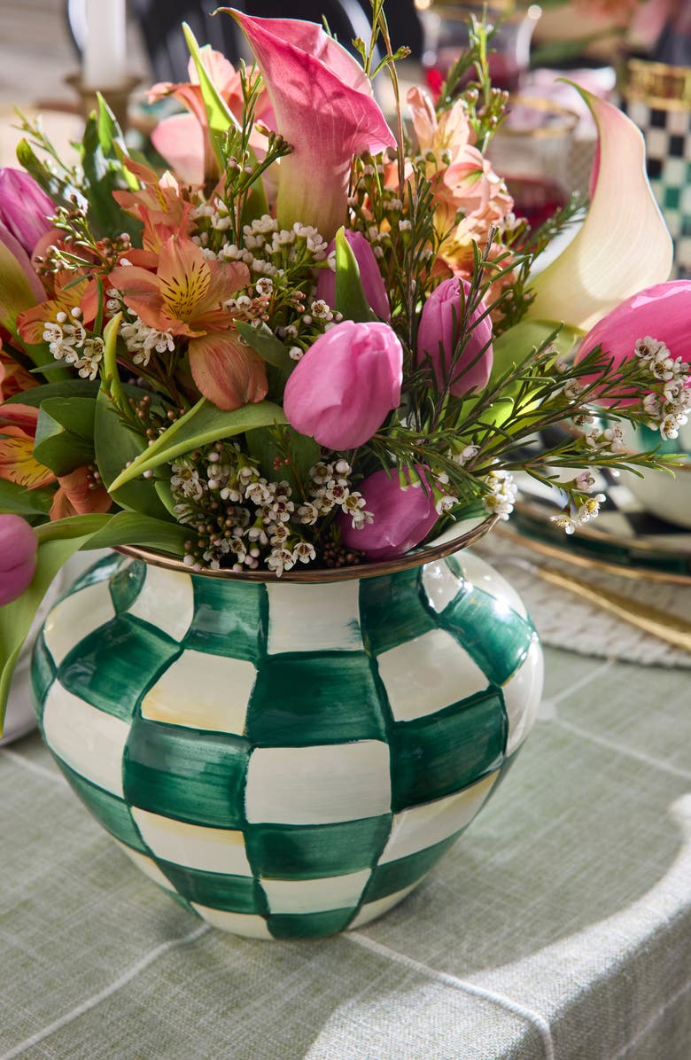 MACKENZIE CHILDS Emerald Check Enameled Steel Vase, Alternate, color, Emerald