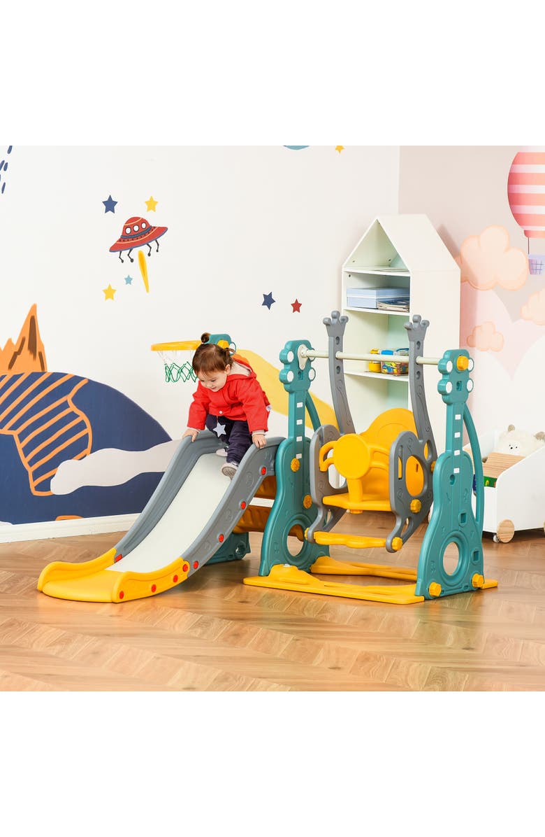 Qaba 4 in 1 Toddler Swing and Slide Set, with Basketball Hoop and Adjustable Seat, Alternate, color, Multi-Colored