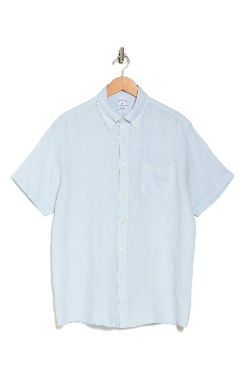 Brooks Brothers Regular Fit Short Sleeve Linen Button-Down Shirt, Alternate, color, Turquoise/Aqua