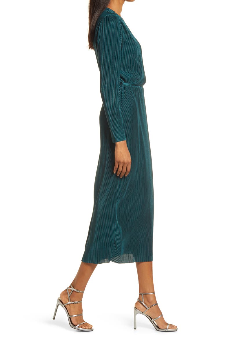 Plissè Long Sleeve Wrap Midi Dress, Alternate, color, DARK TEAL