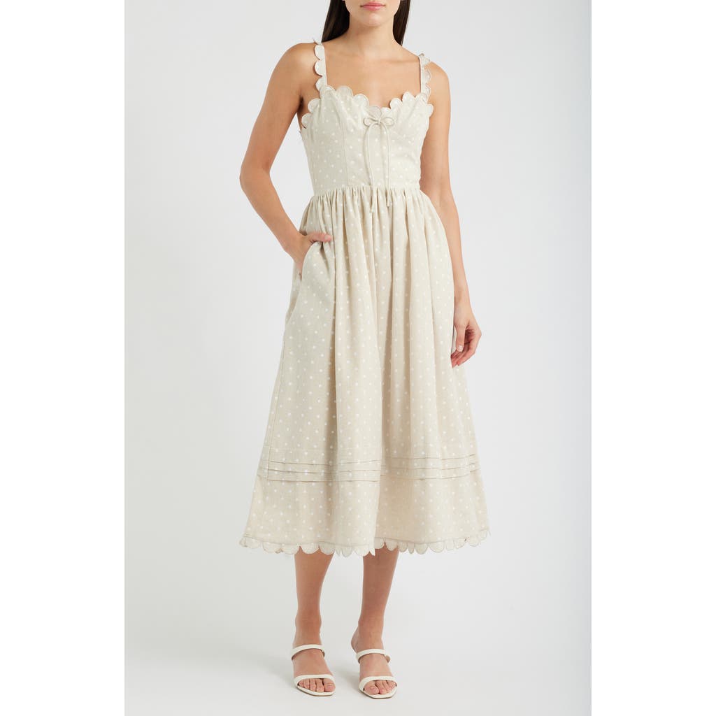 En Saison Elise Polka Dot Scallop Midi Dress in Natural Ivory at Nordstrom, Size Large