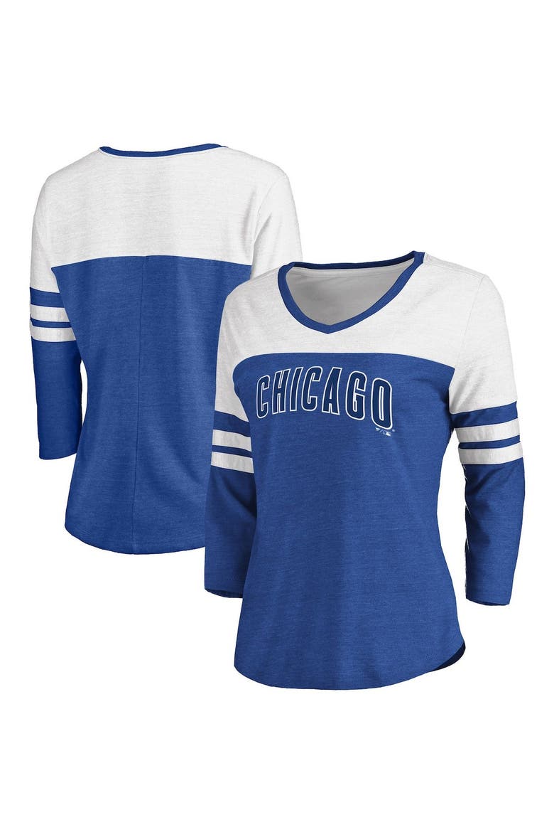 Women's Fanatics Branded Heathered Royal/White Chicago Cubs Official Wordmark 3/4 Sleeve V-Neck T-Shirt, Alternate, color, Heather Royal