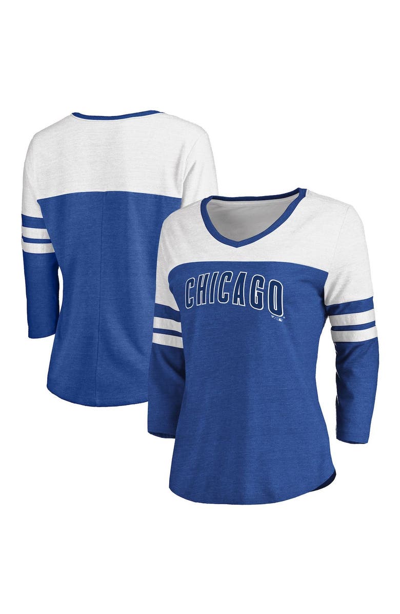 FANATICS Women's Fanatics Branded Heathered Royal/White Chicago Cubs Official Wordmark 3/4 Sleeve V-Neck T-Shirt, Alternate, color, 