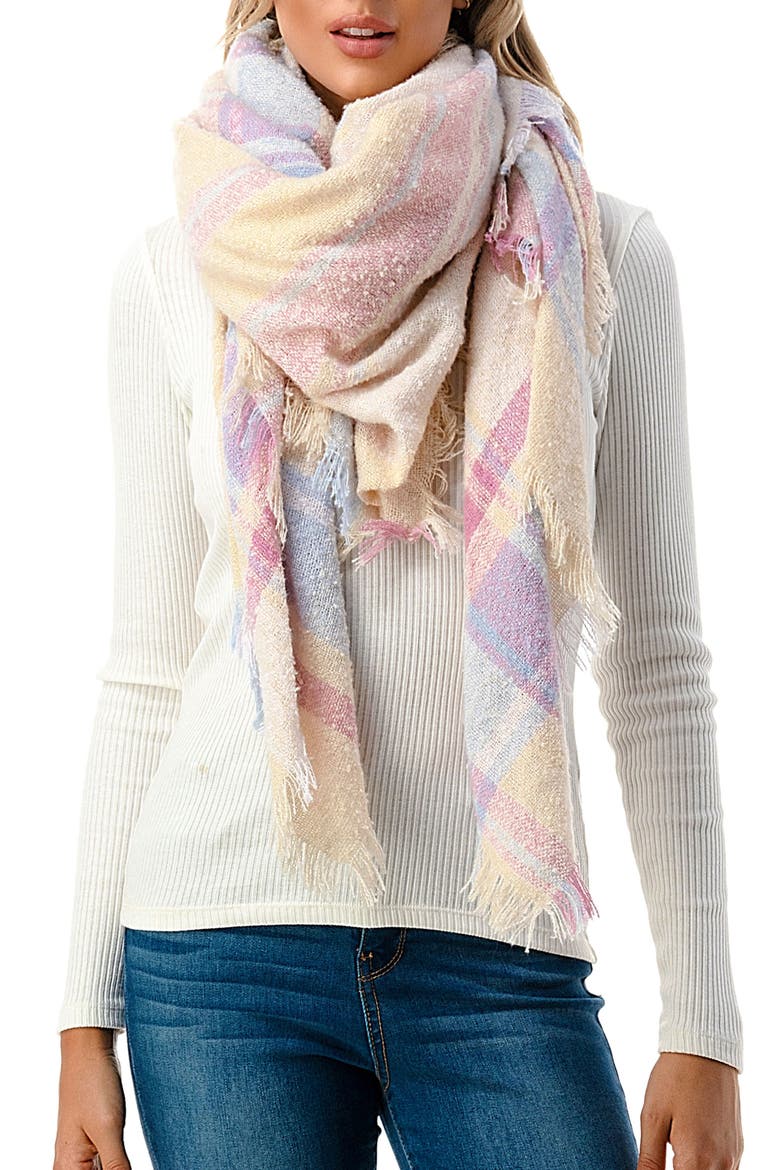 Plaid Fringe Blanket Scarf, Main, color, BRIGHT PINK