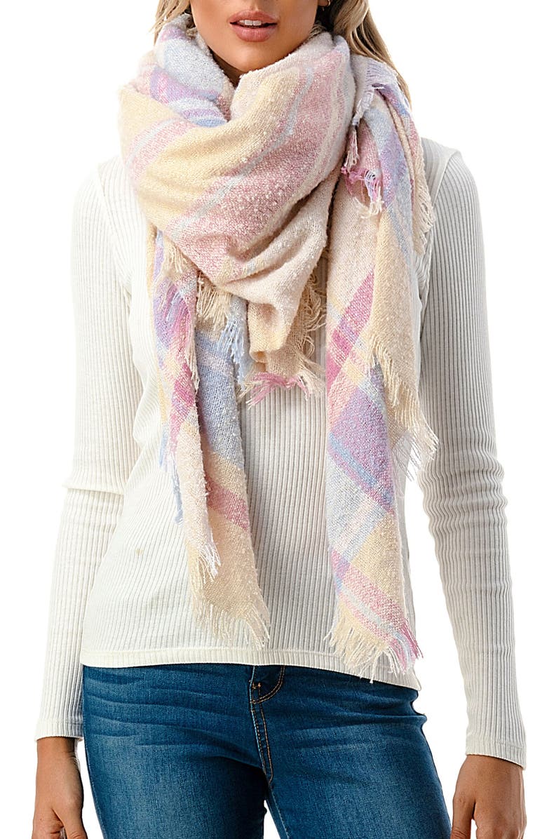MARCUS ADLER Plaid Fringe Blanket Scarf, Main, color, Bright Pink
