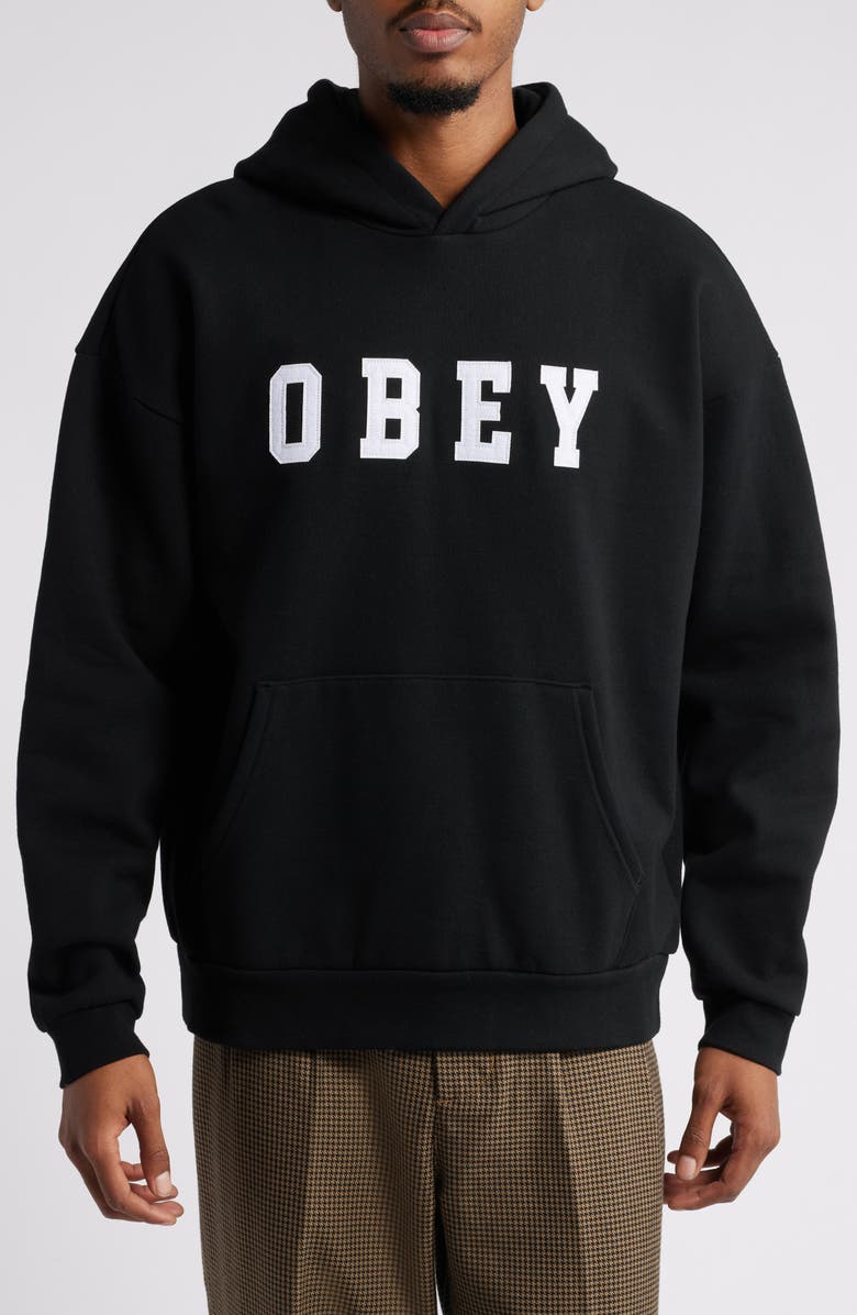 Obey Oversize Felt Logo Appliqué Extra Heavy Fleece Hoodie, Main, color, 