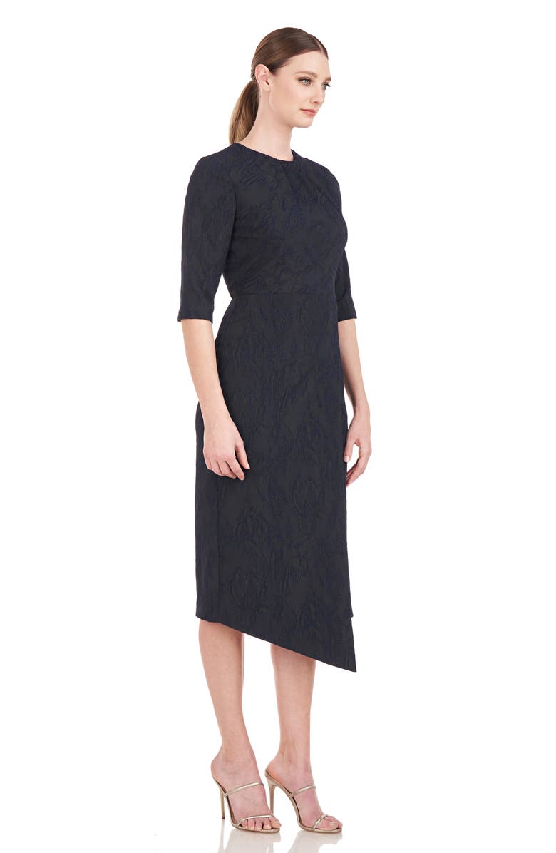 Kay Unger Gloria Asymmetric Floral Jacquard Drape Detail Cocktail Midi Dress, Alternate, color,