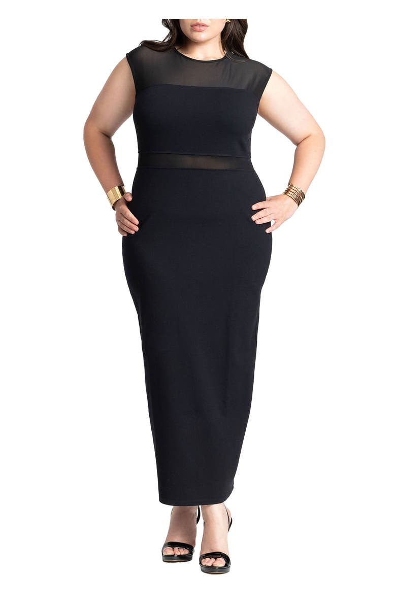 ELOQUII Cap Sleeve Mesh Midi Dress, Main, color, Black Onyx