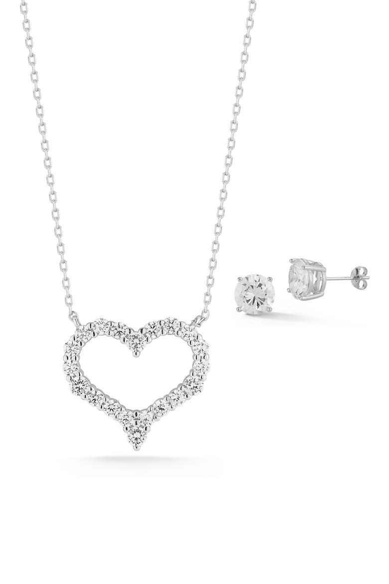 CZ Heart Pendant & Stud Earrings Set, Main, color, SILVER