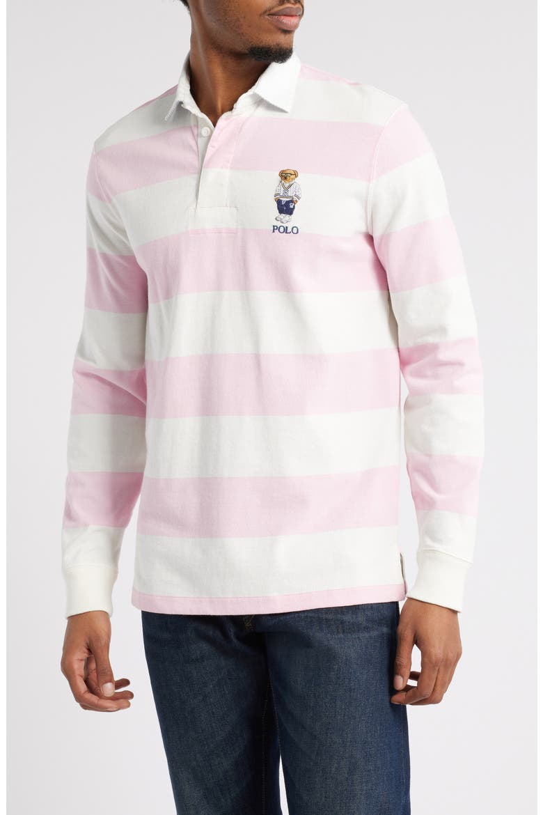 Classic Fit Stripe Long Sleeve Rugby Shirt, Main, color, PINK/WHITE HERITAGE ICONS BEAR