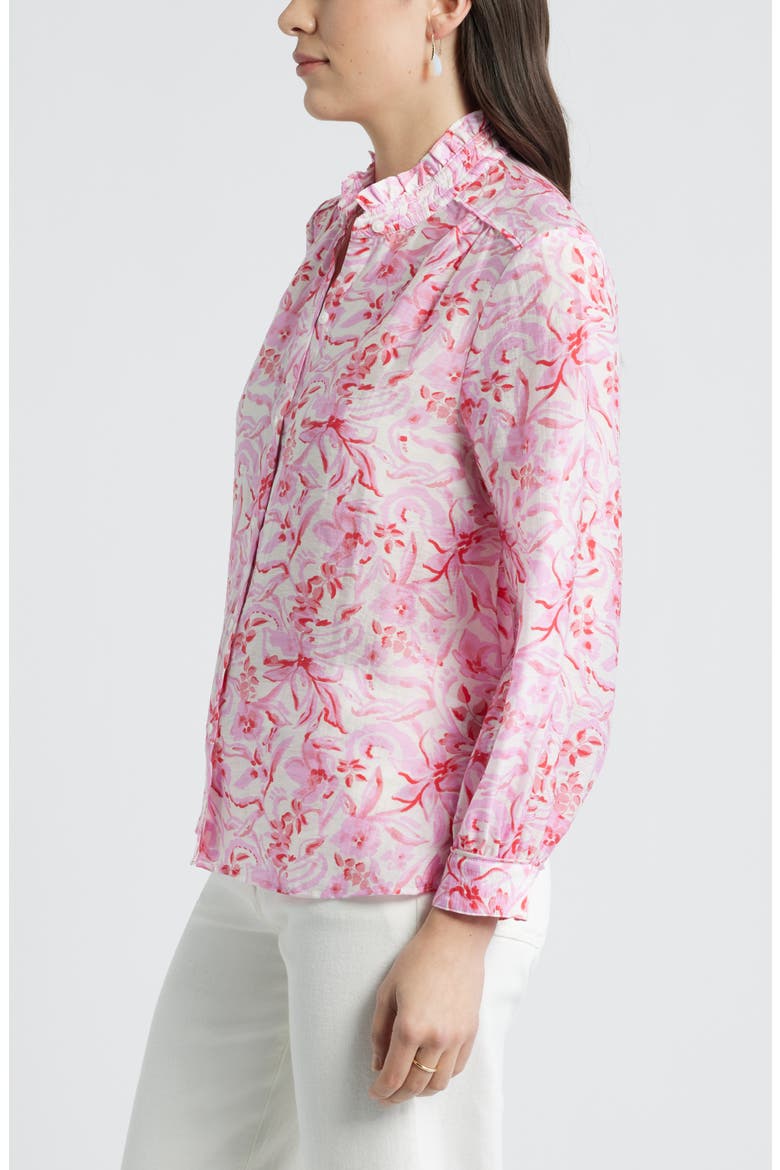 Ruffle Button-Up Shirt, Alternate, color, IVORY- PINK DAISY GARDEN