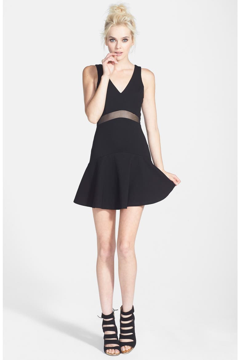 ASTR Mesh Insert Fit & Flare Dress, Main, color, BLACK