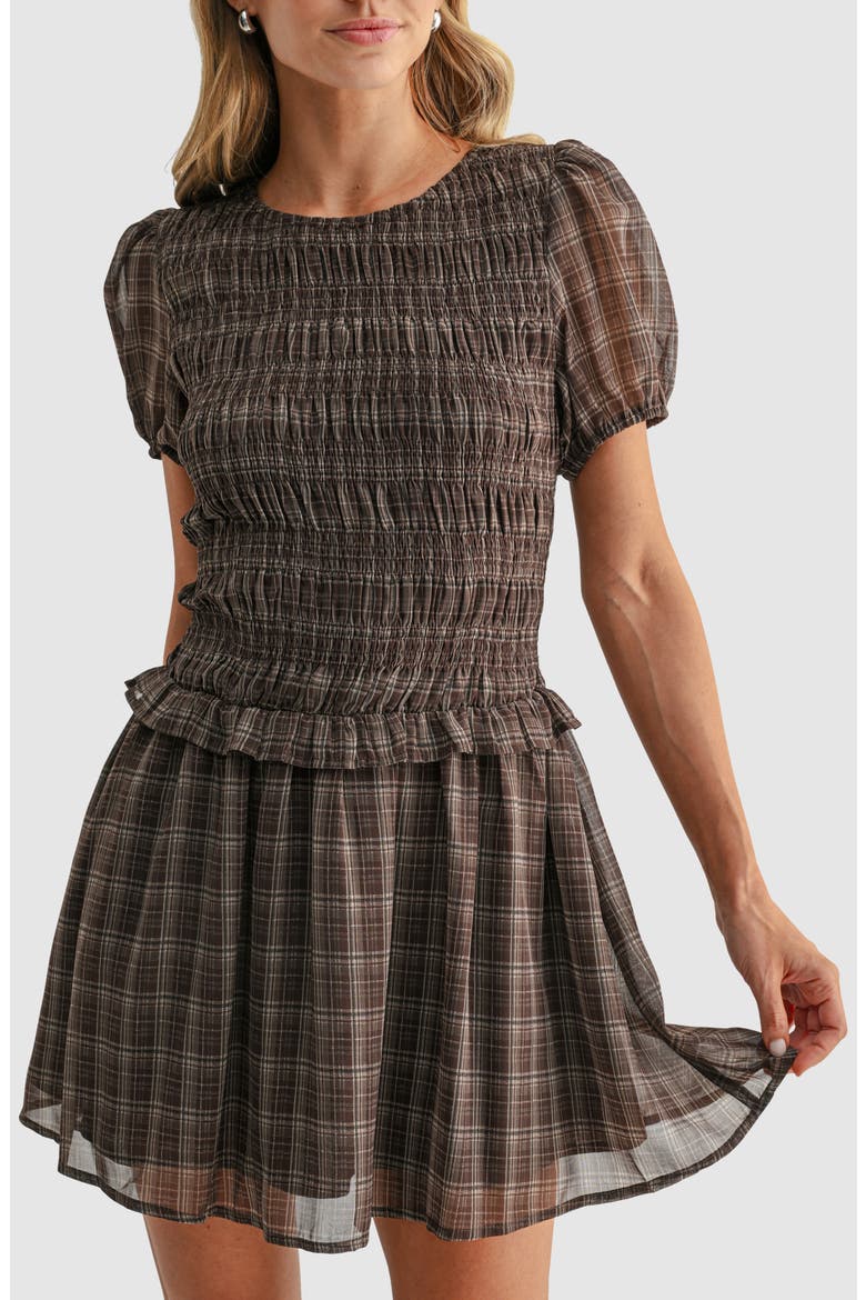 Puff Sleeve Smocked Minidress, Alternate, color, BROWN PLAID