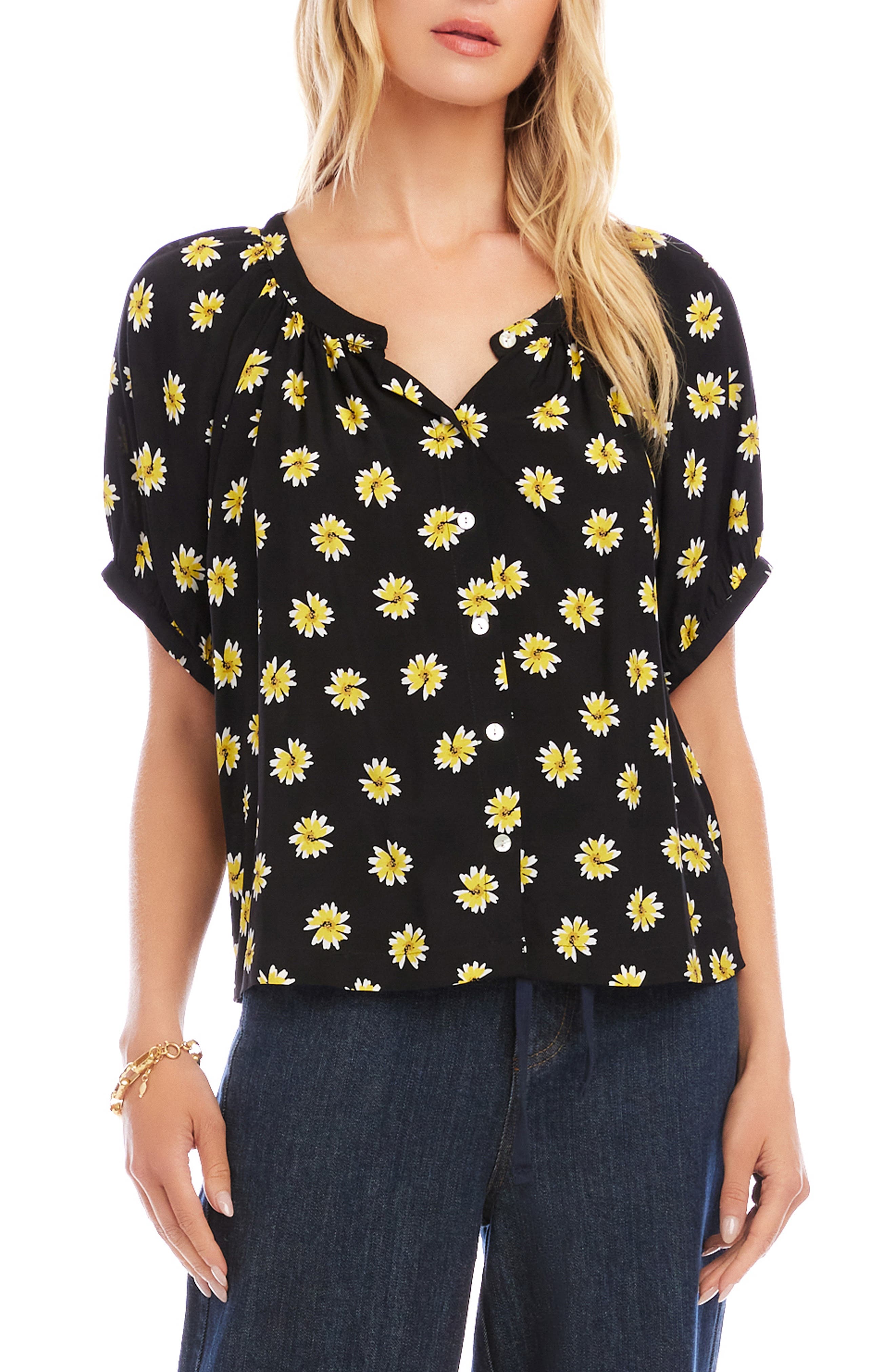 Floral Button-Up Peasant Top