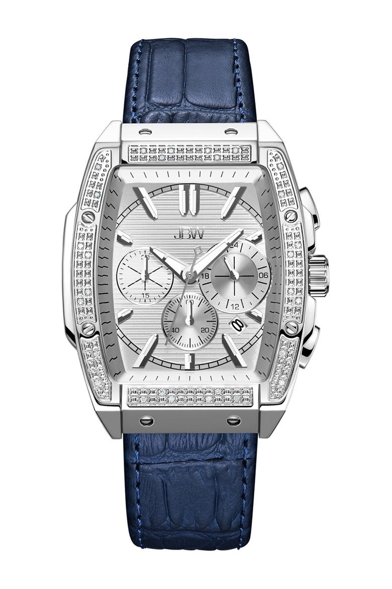 Men's Echelon Diamond Chronograph Croc Embossed Leather Strap Watch, 41mm, Main, color, SILVER