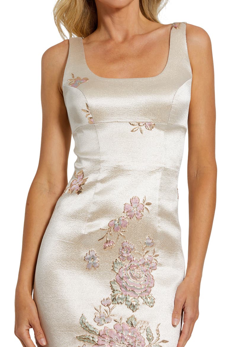 Sleeveless Scoop Neck Floral Detail Brocade Midi Dress, Alternate, color, Champagne Multi