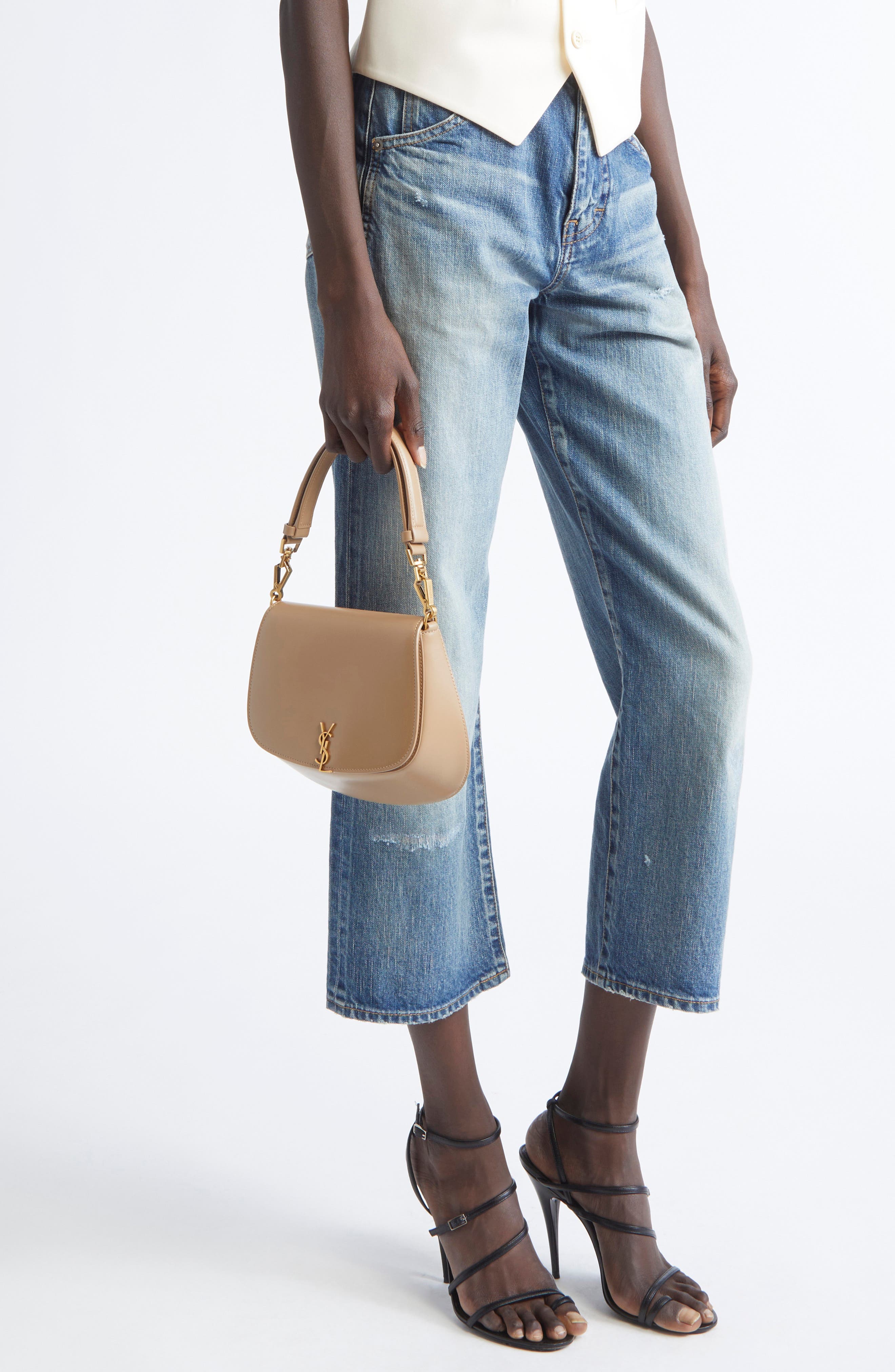 Saint Laurent Mini Voltaire Box Leather Top Handle Bag, Alternate, color, Toffee