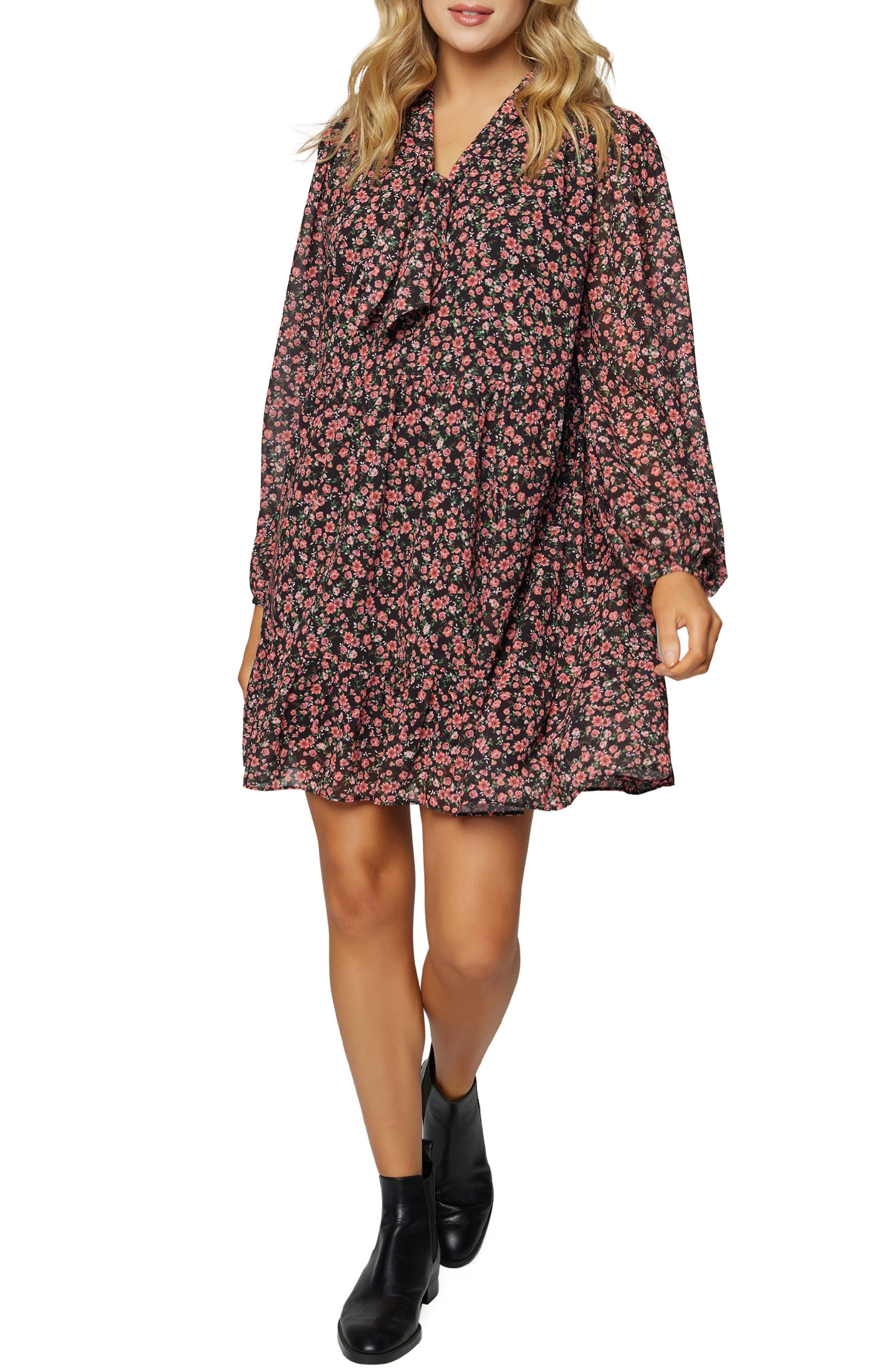Long Single Roses Lost + Wander Rose Garden Tie Neck Long Sleeve Minidress (Women ...