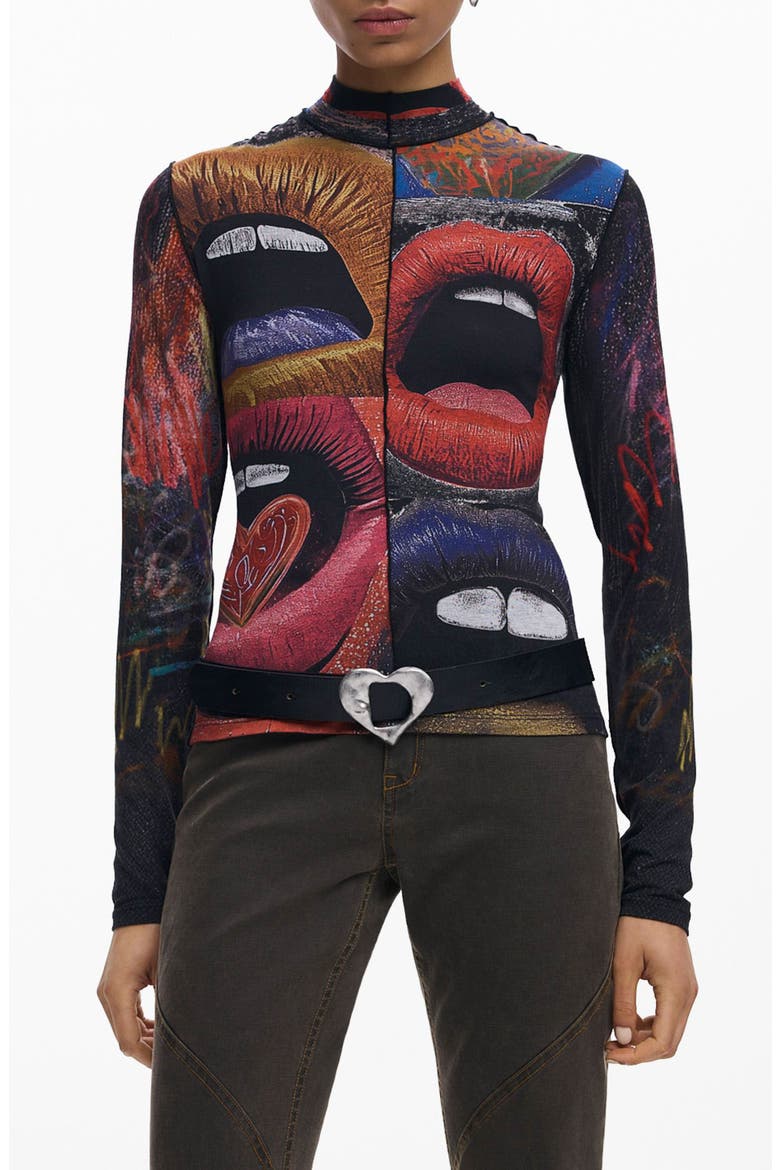 Long Sleeve Lip Print Top, Main, color, BLACK