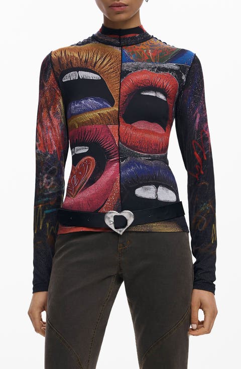 Long Sleeve Lip Print Top