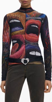 Desigual Long Sleeve Lip Print Top
