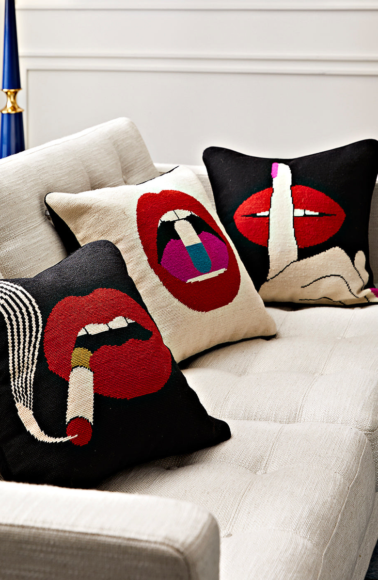 Jonathan Adler Lips Needlepoint Throw Pillow, Alternate, color,