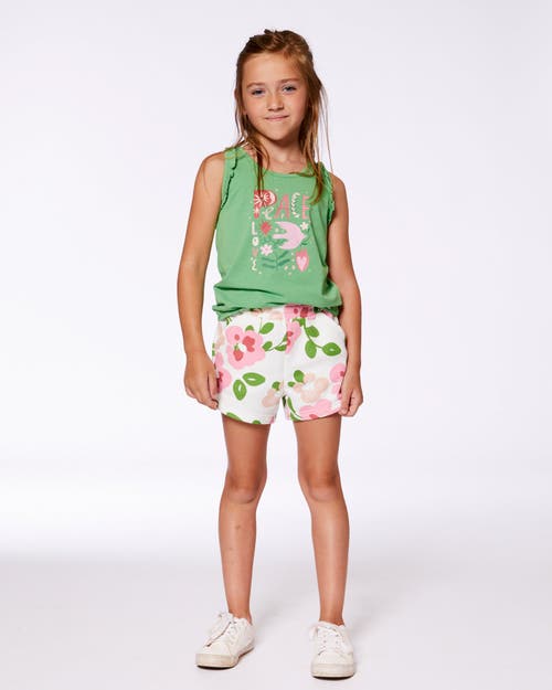 Deux Par Deux Girl's Organic Cotton Tank With Frills Flowers On Green Background In Flowers On Green Background