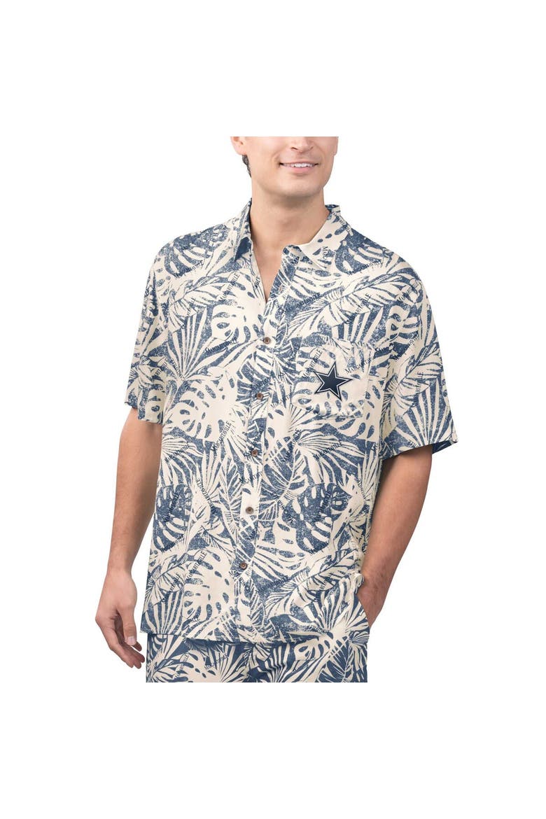 Men's Margaritaville Navy Dallas Cowboys Sand Washed Monstera Full-Button Party Shirt, Main, color, Navy