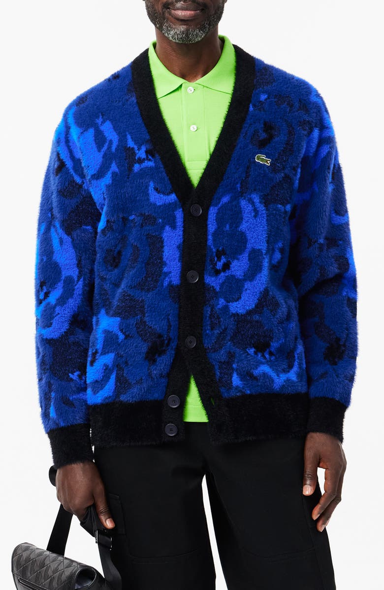 Lacoste Relaxed Fit Intarsia Floral Cardigan, Main, color, Globe/ Navy Blue-Lazuli
