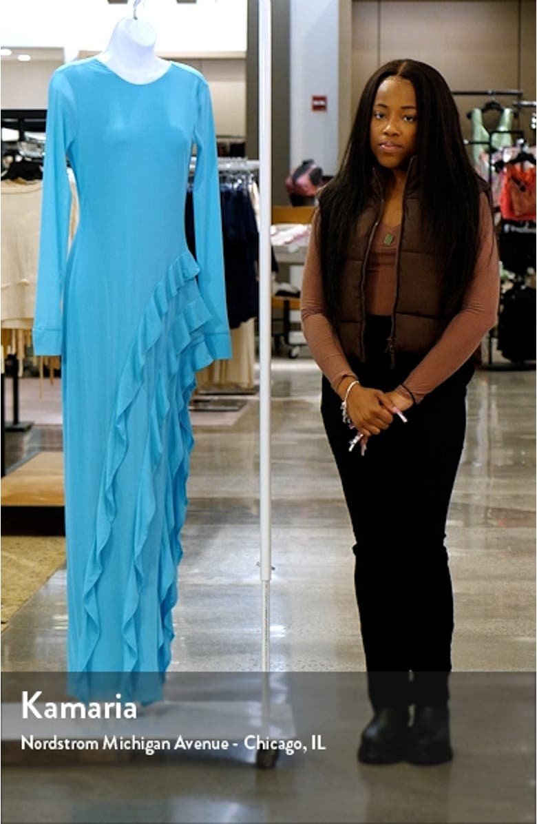 Jacie Ruffle Detail Open Back Long Sleeve Gown, sales video thumbnail