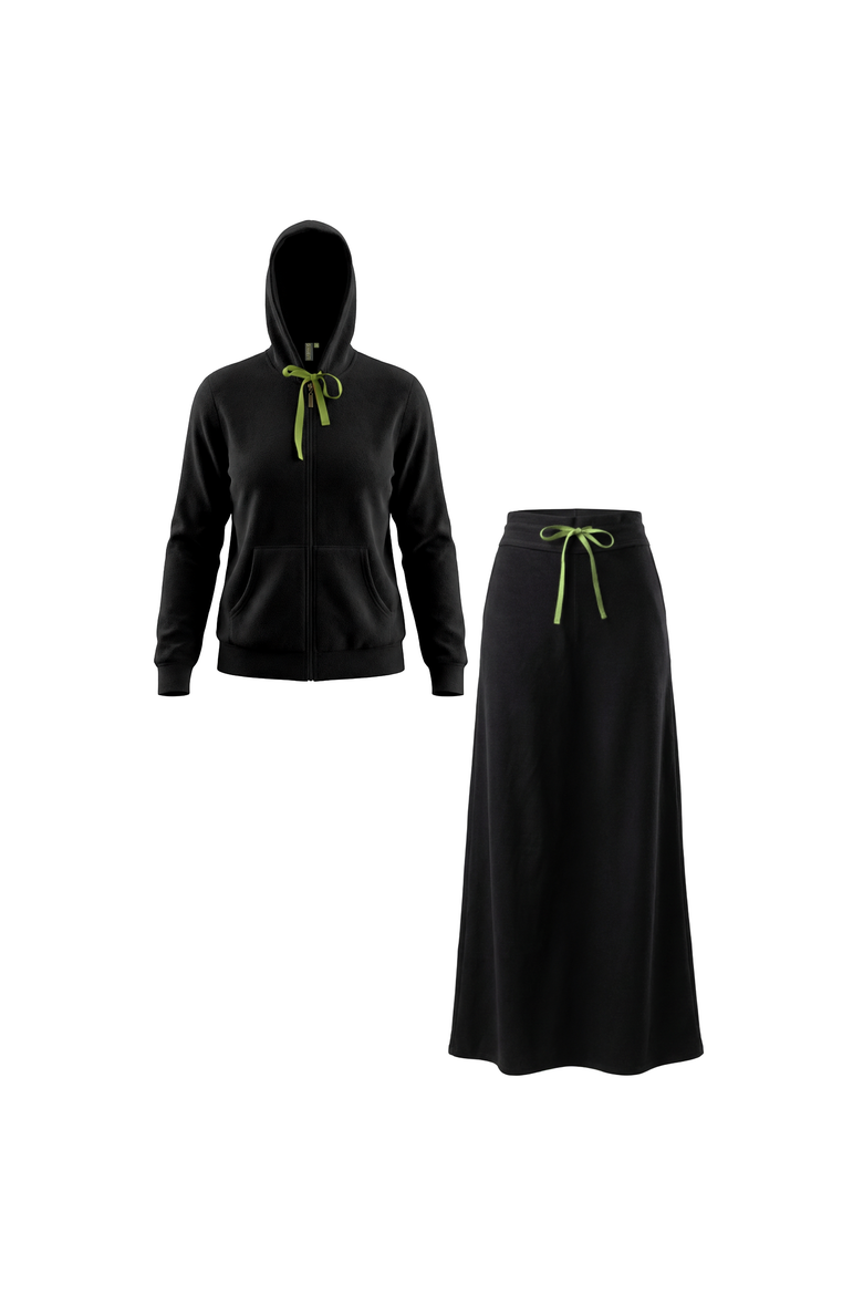 Cotton Terry Zip Hoodie and Drawstring Skirt Two Piece Set, Main, color, Jet Black/Neon