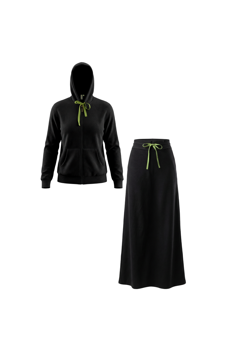 Red Myth Cotton Terry Zip Hoodie and Drawstring Skirt Two Piece Set, Main, color, Jet Black/Neon