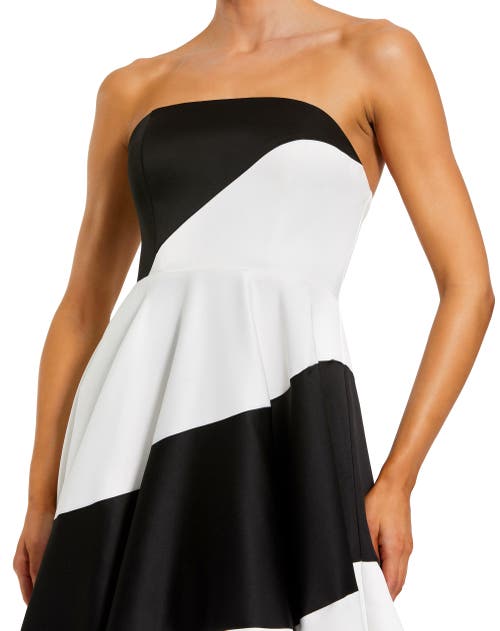 Mac Duggal Black And White Striped Satin Strapless Ballgown In Multi