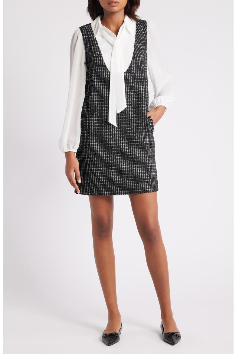 Mixed Media Long Sleeve Shift Dress, Main, color, BLACK WHITE