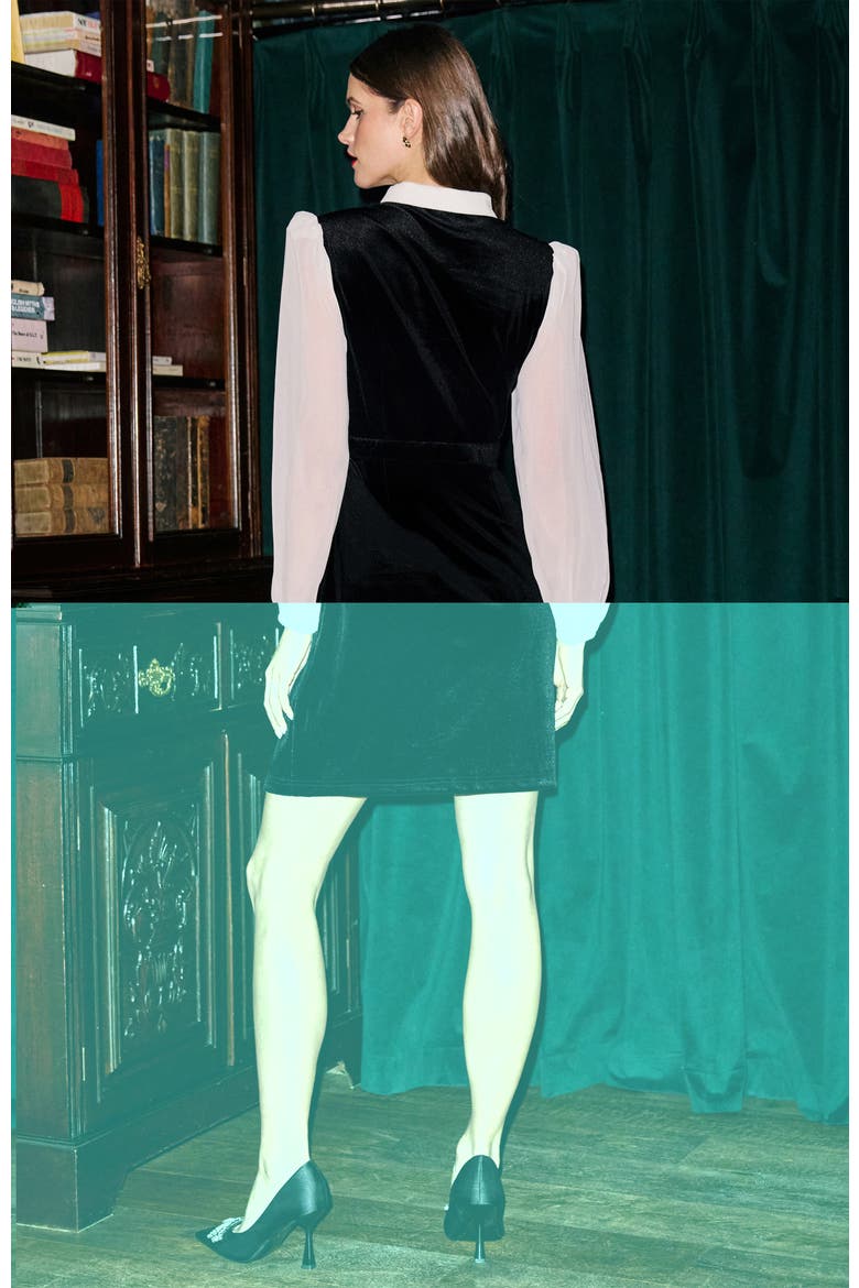 Contrast Long Sleeve Velvet Mini Dress, Alternate, color, Black