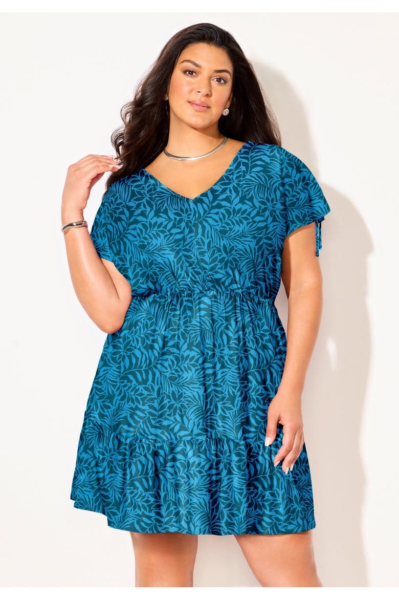 Pack & Go Wrinkle Resistant V Neck Short Sleeve Cover Up Dress, Alternate, color, Mediterranean Palms