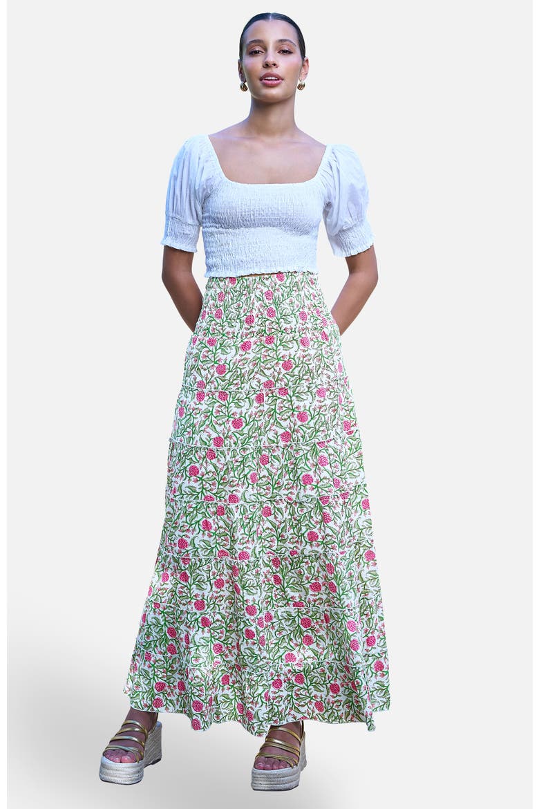 Boho Print Cotton Floral Maxi Skirt, Alternate, color, White