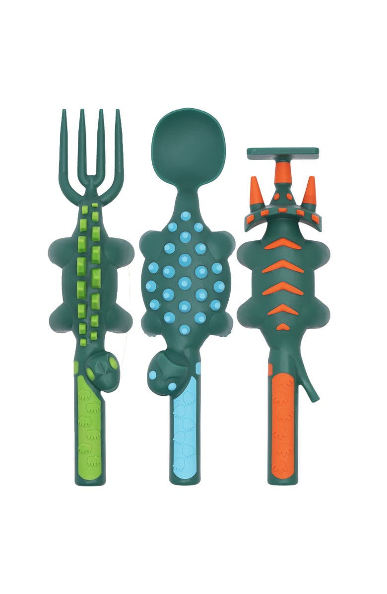 Constructive Eating Set of 3 Dino Eating Utensils for Kids and Toddlers, Alternate, color, Green
