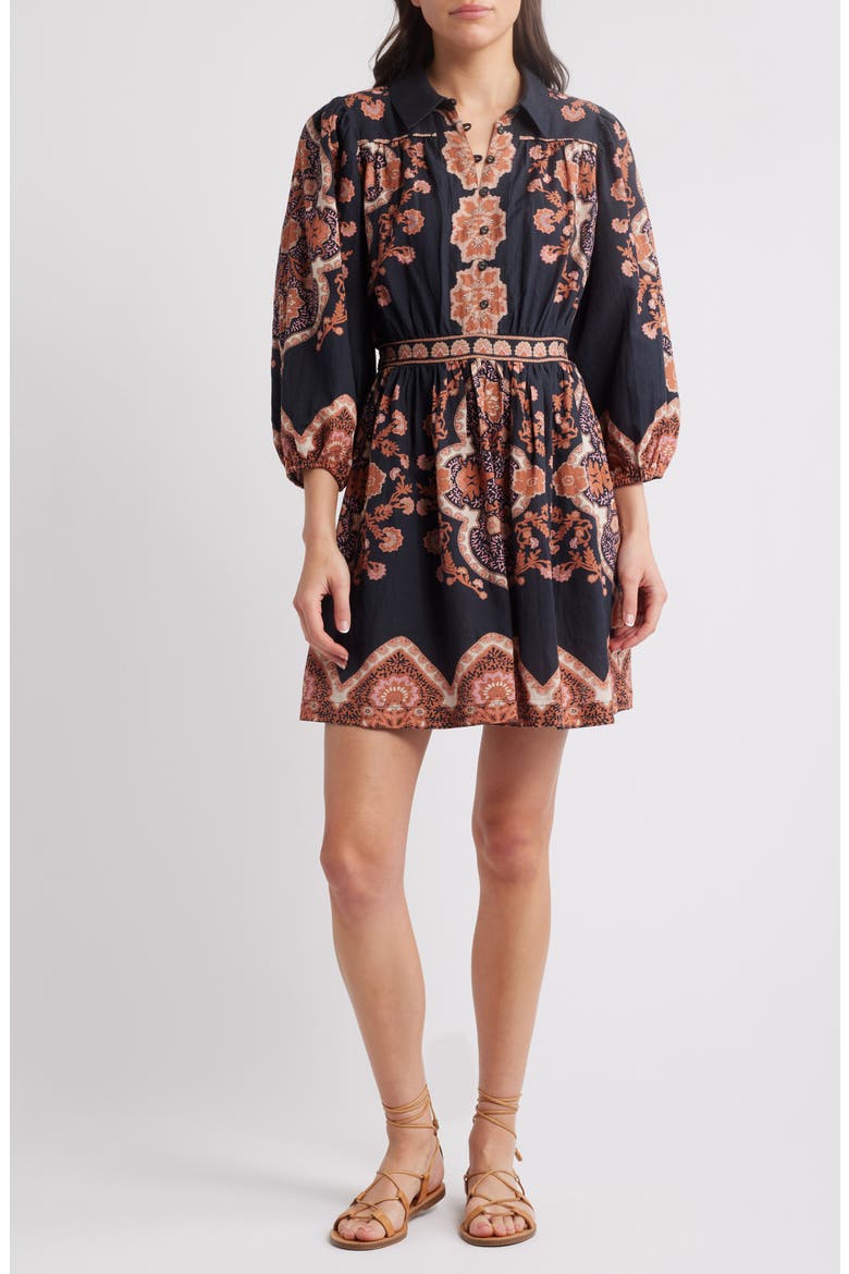 Leigh Mixed Print Long Sleeve Cotton & Linen Minidress, Main, color, DARK LAGOS