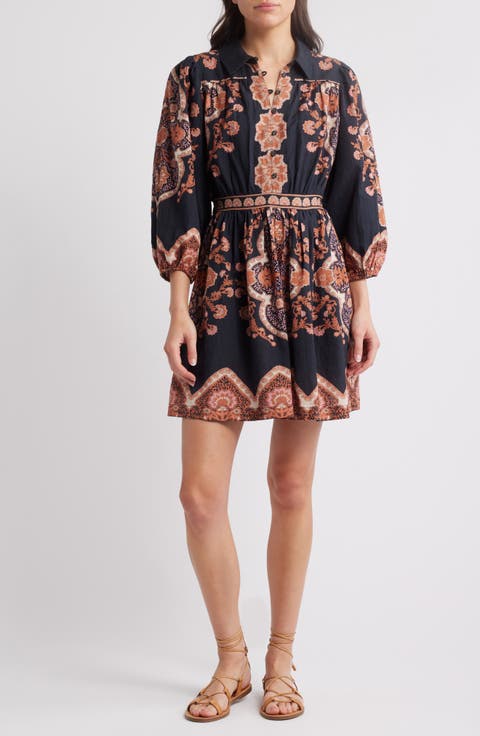 Leigh Mixed Print Long Sleeve Cotton & Linen Minidress