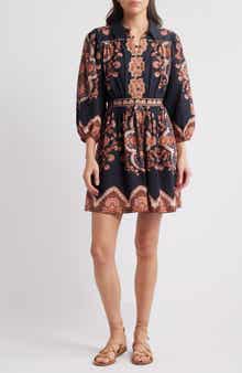 Leigh Mixed Print Long Sleeve Cotton & Linen Minidress