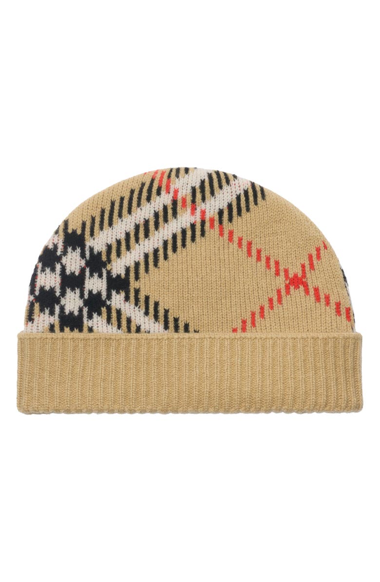 Burberry Core Jacquard Burberry Check Cashmere Blend Beanie, Alternate, color, Sand