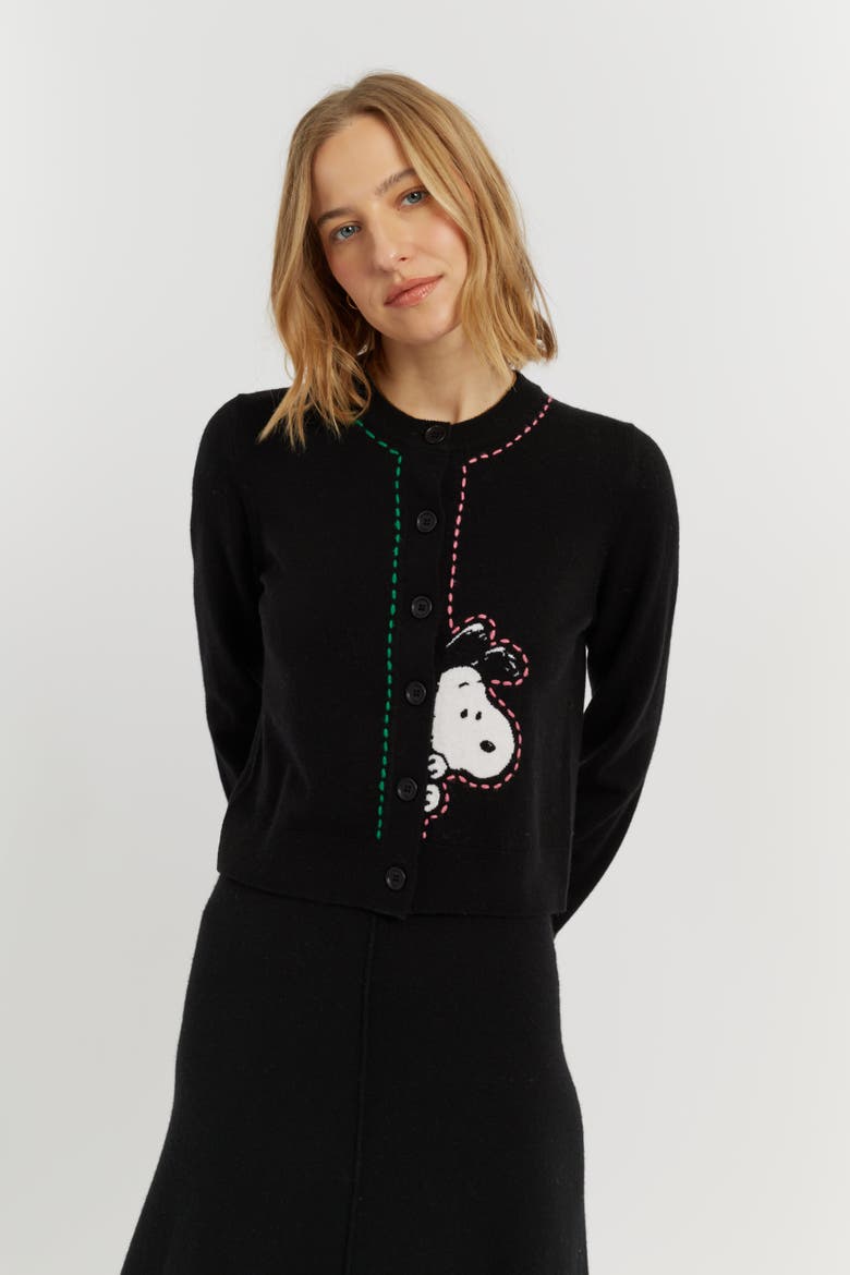 Wool-Cashmere Snoopy Peep Cardigan, Alternate, color, Black