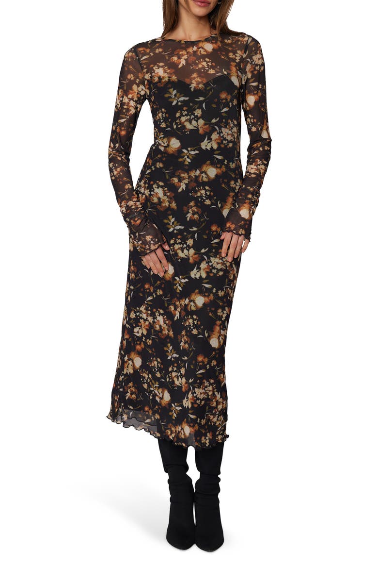 Moonlit Meadow Floral Print Long Sleeve Midi Dress, Main, color, BLACK RUST FLORAL