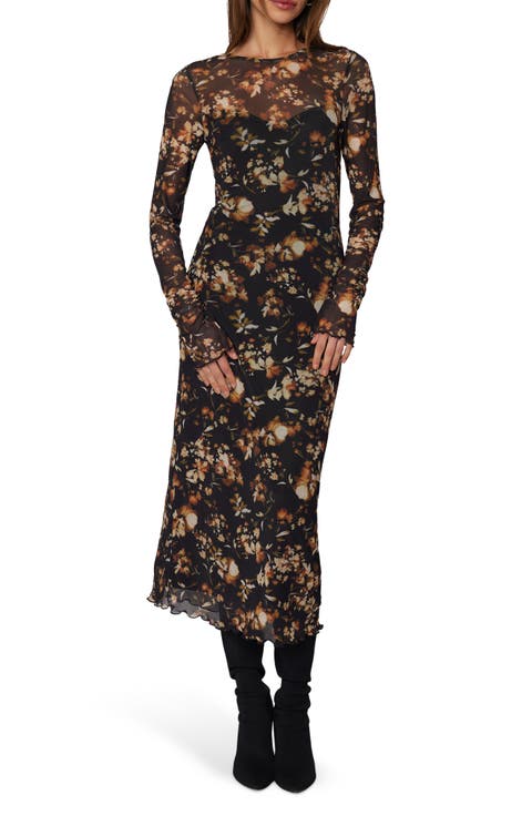 Moonlit Meadow Floral Print Long Sleeve Midi Dress
